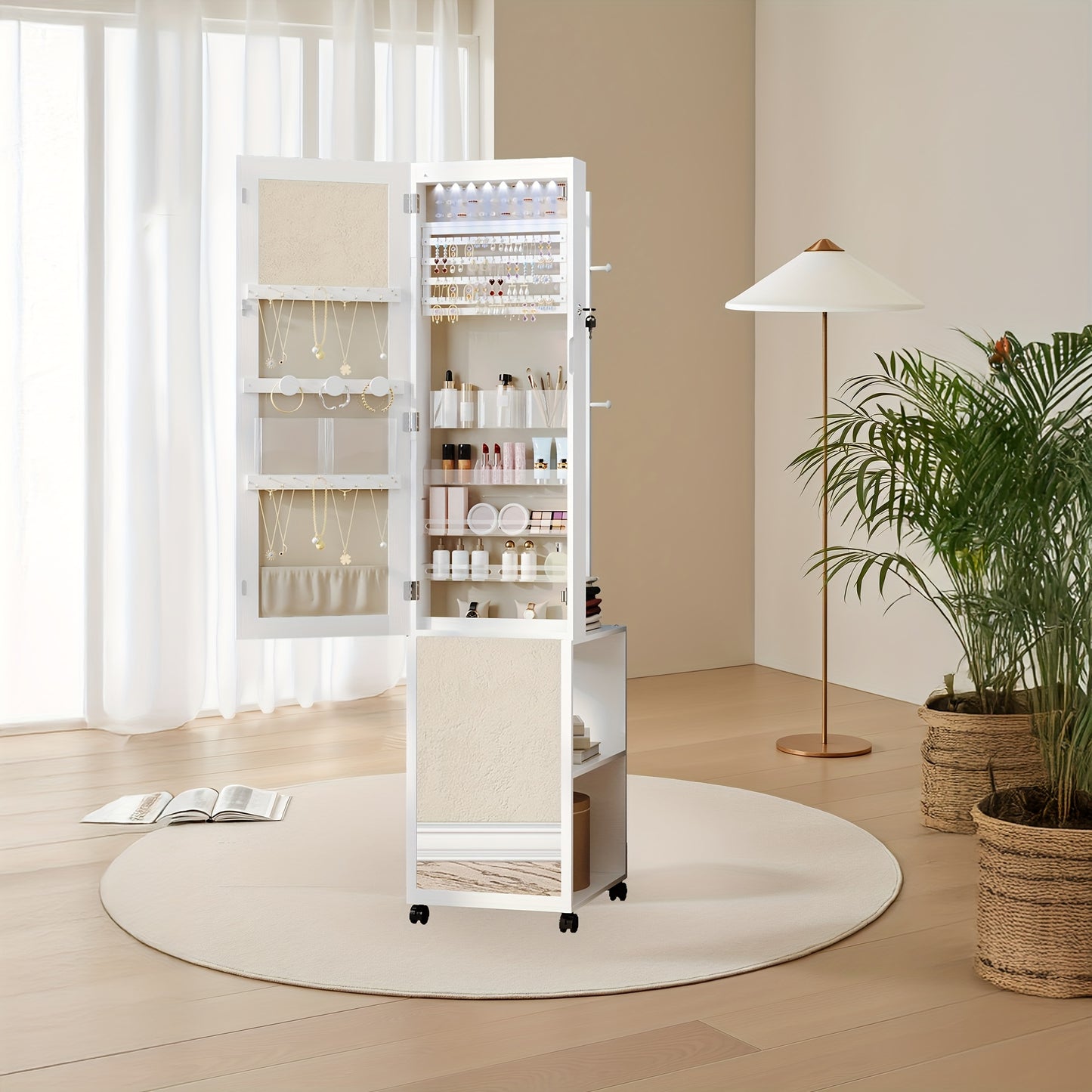 Sieradenkast – Juwelenkast – Spiegelkast – Opbergkast – Organizer – 5-in-1 Design – Volledige Spiegel met 8 LED Verlichting – MDF Wit en Beige