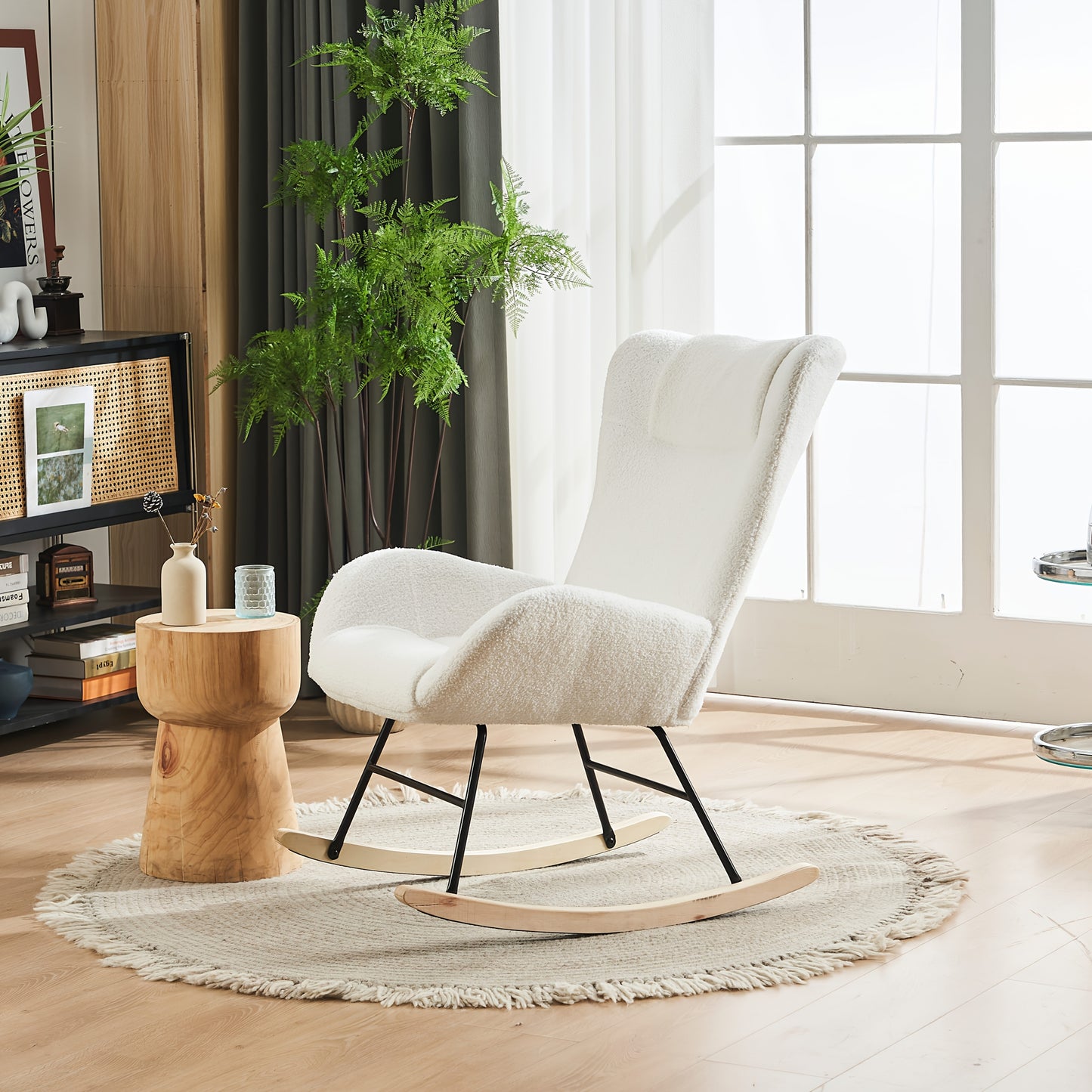Schommelstoel – Schommelzetel – Relaxstoel – Lounge Stoel – Witte Teddy Velvet – Ergonomische Rugleuning – Stevige Kunsthouten Basis