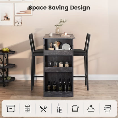 Barset voor Twee – Barkrukken – Barmeubel – Bartafel – Barkeuken – Compacte Opbergrekken – Stevig Hout en Metaal – Ruimtebesparend Design – Grijs