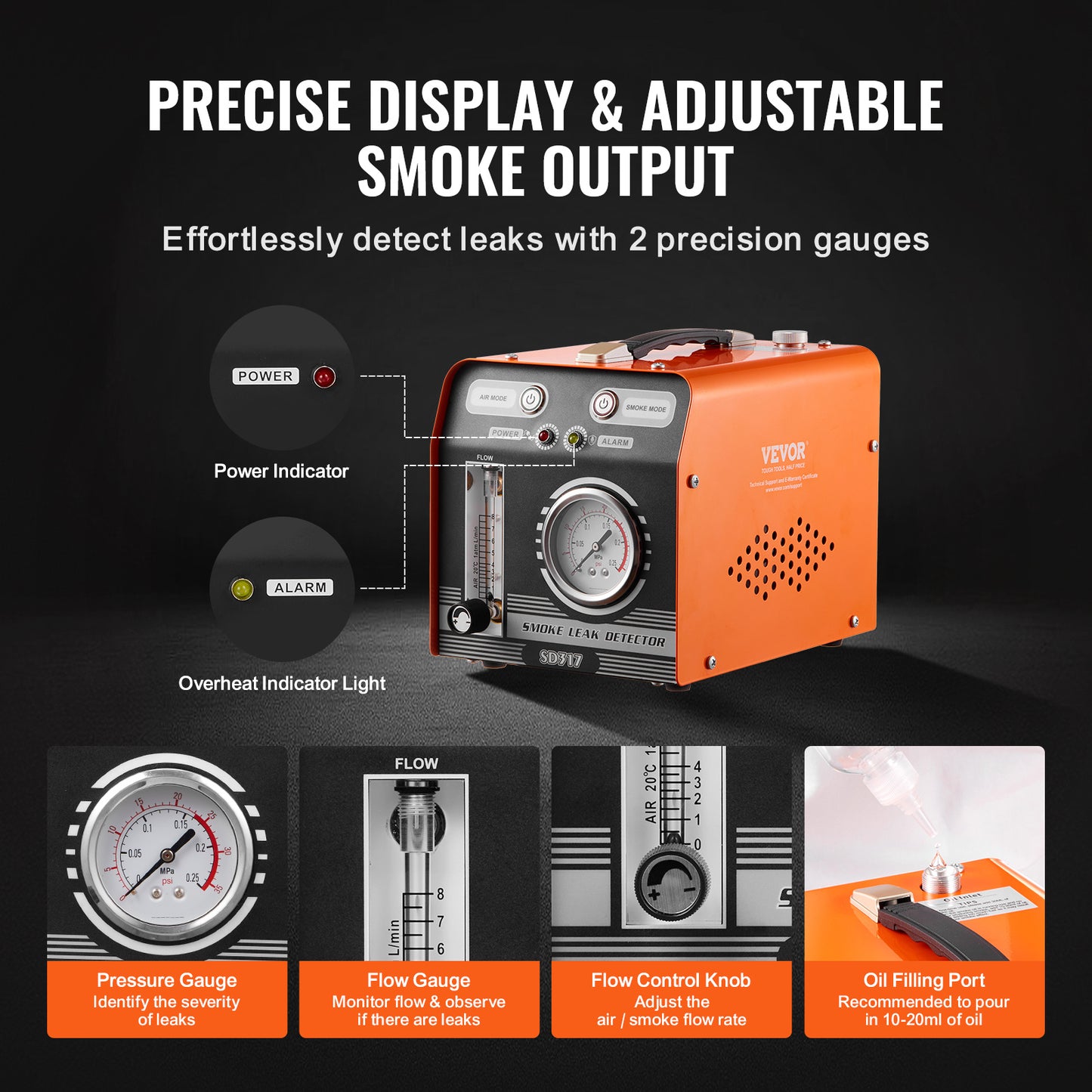 Rookmachine Auto – Lekdetector – Lekkagetester – Smoke Leak Detector – Rookgenerator Voertuig – Ingebouwde Luchtpomp 8L/min – Digitale Drukmeter & Flowmeter – Oranje Zwart
