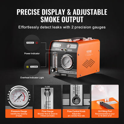 Rookmachine Auto – Lekdetector – Lekkagetester – Smoke Leak Detector – Rookgenerator Voertuig – Ingebouwde Luchtpomp 8L/min – Digitale Drukmeter & Flowmeter – Oranje Zwart
