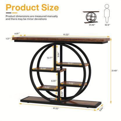 Smalle Rondvormige Haltafel – Sidetable – Opbergtafel – Gangtafel – Halmeubel – Rustiek Bruin – Multi-laags Opbergplanken – Hout & Kunststof – Ruimtebesparend Design