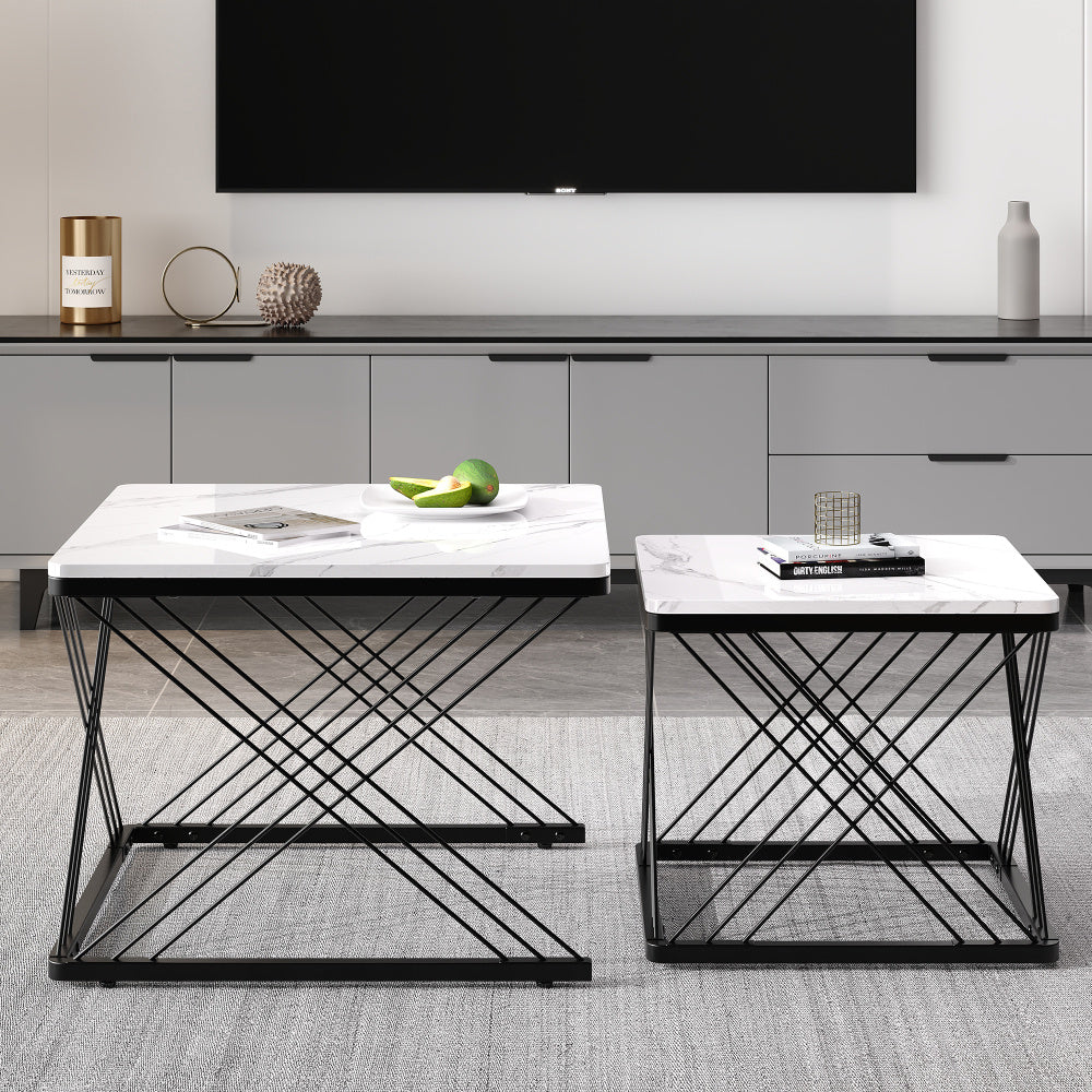 Salontafel – Koffietafel – Bijzettafel – Woonkamertafel – Tafeltje – Set Van 2 – Hoogglans Marmerlook – Verstelbare Pootjes – 60x60x45 & 45x45x40 cm