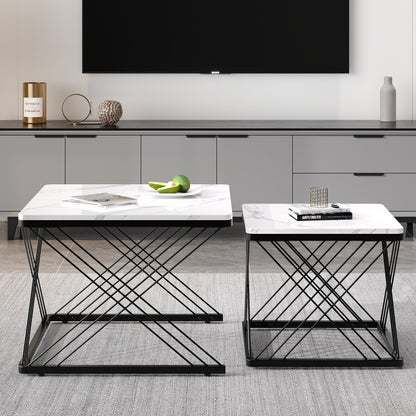 Salontafel – Koffietafel – Bijzettafel – Woonkamertafel – Tafeltje – Set Van 2 – Hoogglans Marmerlook – Verstelbare Pootjes – 60x60x45 & 45x45x40 cm