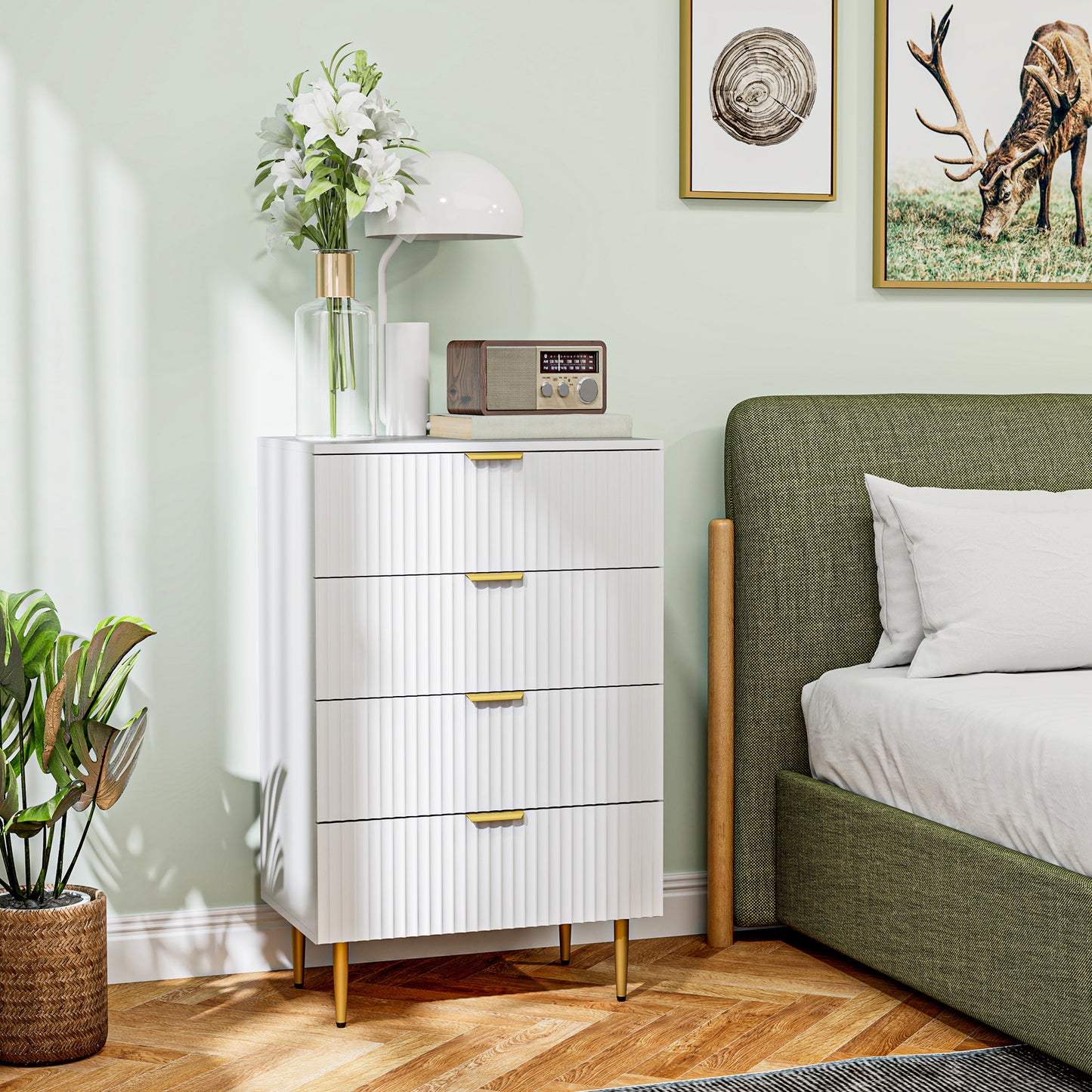 Ladekast – Ladenkast – Commode – Opbergkast – Dressoir – Modern Design – 4 Ruime Lades – MDF Wit Met Gouden Details – 60x40x96 cm