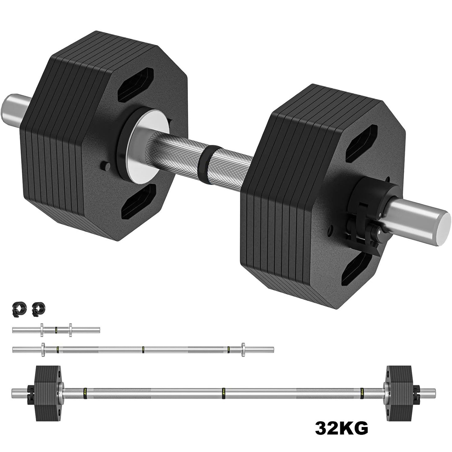 32kg Heavy-Duty Adjustable Dumbbell Set with Curl Bar & Straight Bar - All-in-One Home Gym Weights System, 32kg Total Weight (64lbs), Adjustable Weight Ranges, Sturdy Bars for Squats, Deadlifts, Press - Full-Body Strength Tra