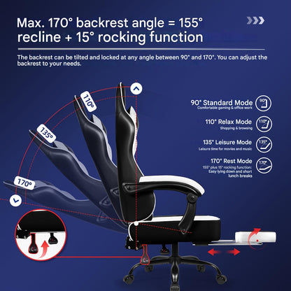 Gamingstoel – Gamestoel – Gaming Chair – Game Stoel – Gamestoel met Voetensteun – Verstelbaar tot 165° – 360° Draaibaar – Ergonomische Lendensteun – Maximaal 150 kg