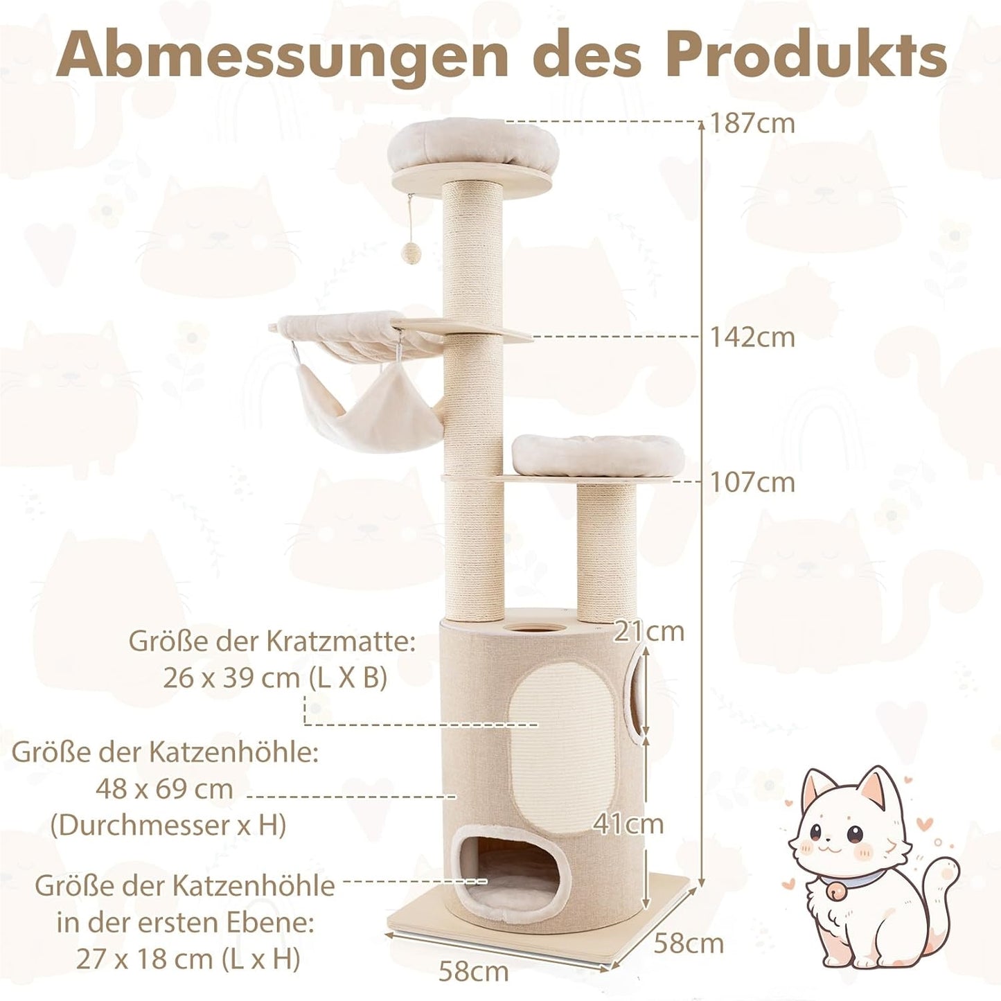 kattenboom – krabpaal – kattenmeubel – kattenhuis – kattencondo – 187 cm hoog – duurzaam hout en sisal krabmat