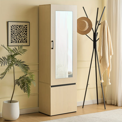 Smalle Kast – Smalle Kledingkast – Smalle Opbergkast – Kapstokkast – Spiegelkast – Houtkleur – Uittrekbare Kledingstang – Ruimtebesparend Design