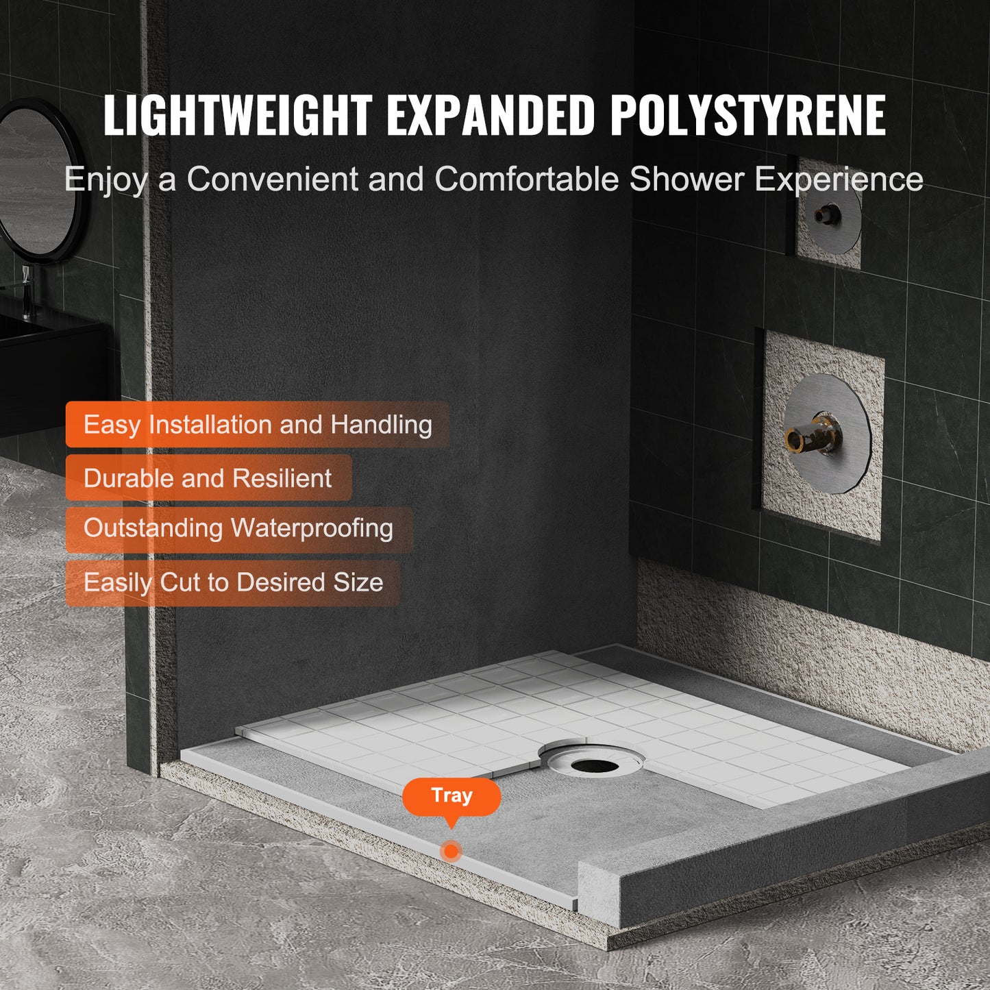 Douchebak – Douchevloer – Doucheplaat – Douchebakken – Douchefundering – Lichtgewicht EPS Materiaal – Waterdicht HDPE Membraan 1828x1828 mm Met Centrale 160 mm Afvoer