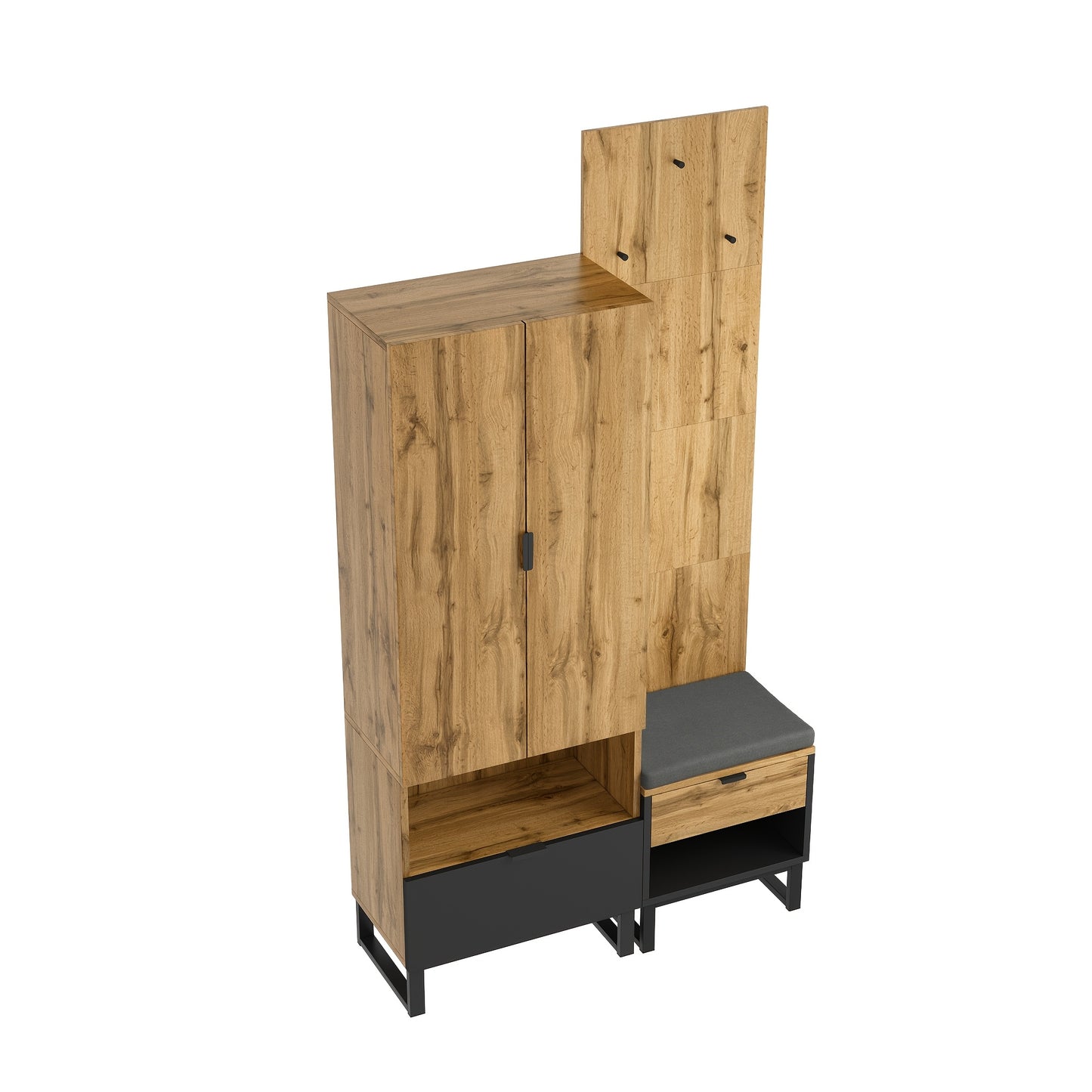 Kledingkast – Houten Kast – Vrijstaande Opbergkast – Schoenenkast – Garderobekast – Compact Design – Massief Hout Met Schoenenbank En Kussens