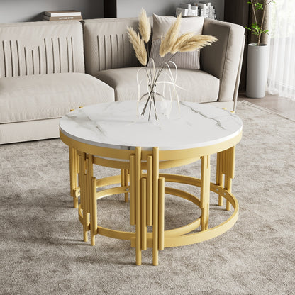 Salontafel – Koffietafel – Bijzettafel – Woonkamertafel – Tafeltje – Ronde Set van 2 – Marmerlook Tafelblad – Goud Metalen Frame