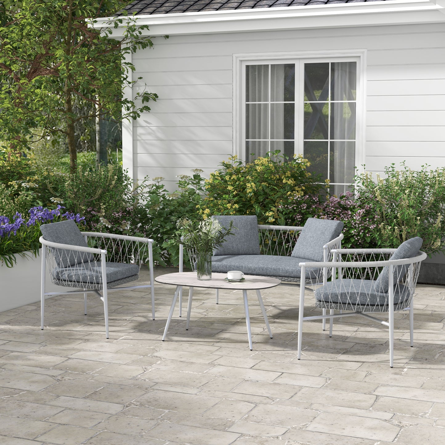 4-Delige Loungeset – Tuinmeubelset – Schommelstoel – Tuinstoelen – Loungestoelen – Grijs – Schommelfunctie – Weerbestendig Polyrattan Met Metalen Frame