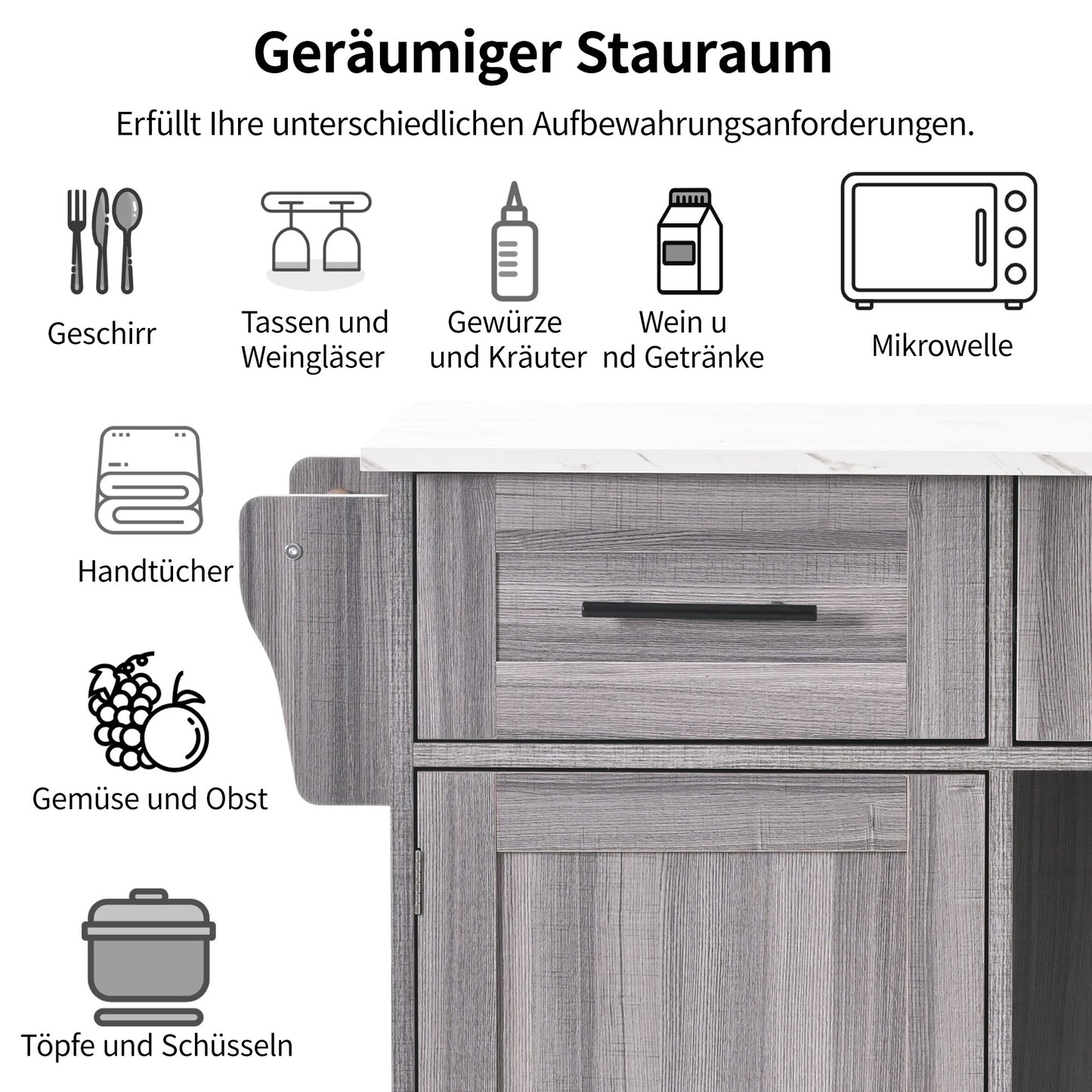 Keukentrolley – Keukenkast – Serveerwagen – Keukenwagen – Buffetwagen – Uitklapbaar Werkblad – Houtlook Werkblad – 139x46(71)x91,5 cm – Met Laden en Verstelbare Planken