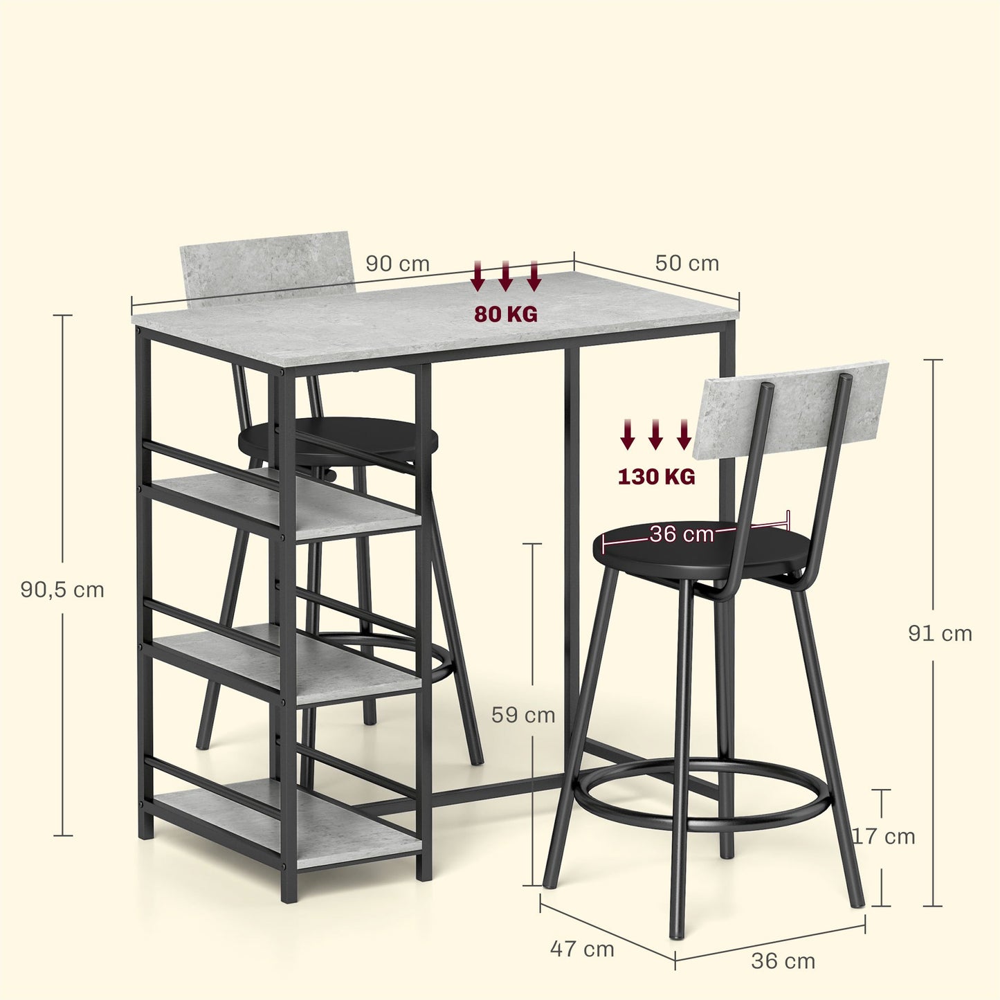 Barset – Bartafel – Barmeubel – Barstoelen – Hoge Eettafel – Lichtgrijs – Ruimtebesparend Design – Stalen Frame Met MDF Blad