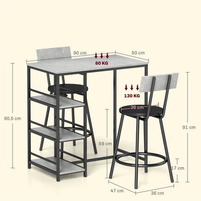 Barset – Bartafel – Barmeubel – Barstoelen – Hoge Eettafel – Lichtgrijs – Ruimtebesparend Design – Stalen Frame Met MDF Blad