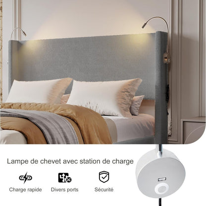 Gestoffeerd Bed – Hydraulisch Bed – Opbergruimte Bed – Tweepersoonsbed – Bedframe Met Lattenbodem – 140x200 cm – Met Leeslamp En USB Oplader – Grijs