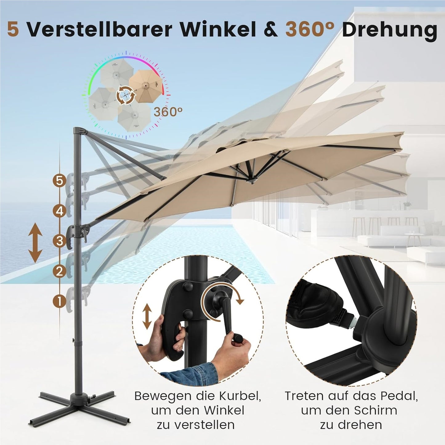 Parasol – Zweefparasol – Stokparasol – Tuinparasol – Balkonparasol – Rond – 300 x 300 cm – 360° Draaibaar Met Voetpedaal