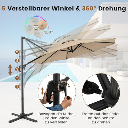 Parasol – Zweefparasol – Stokparasol – Tuinparasol – Balkonparasol – Rond – 300 x 300 cm – 360° Draaibaar Met Voetpedaal