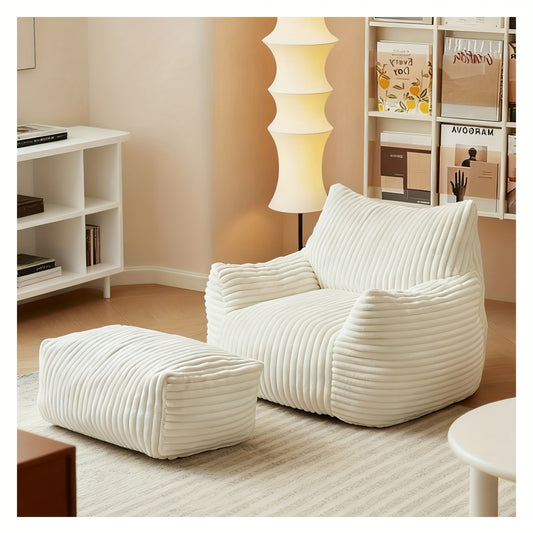 Zitzak – Poef – Beanbag – Luie Fauteuil – Loungestoel – Wit Flanel – Ergonomisch Ontwerp – Inclusief Voetenbank