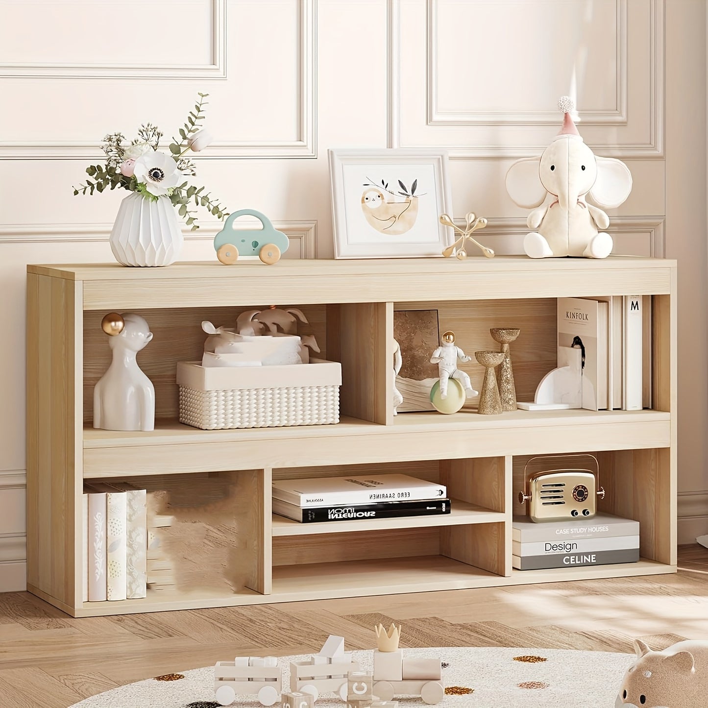 Opbergkast – Boekenkast – Opslagkast – Plankenrek – Opbergrek – Tweelaags ontwerp – Compact onder 70 cm hoogte – Natuurlijke houtlook