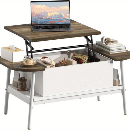 Salontafel – Koffietafel – Woonkamertafel – Verstelbare Tafel – Ovale Tafel – Verstelbare Hoogte – Verborgen Opbergruimte – Wit Hout – 100x50x42 cm