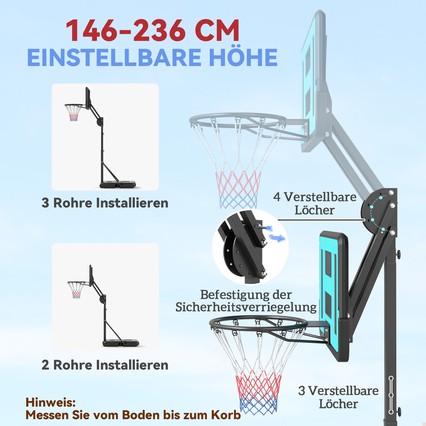 Basketbalpaal – Basketbalstandaard – Basketbalring – Basketbalring Met Net – Verstelbare Hoogte 146-236 cm – Stalen Frame En Verrijdbaar