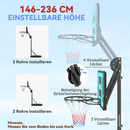 Basketbalpaal – Basketbalstandaard – Basketbalring – Basketbalring Met Net – Verstelbare Hoogte 146-236 cm – Stalen Frame En Verrijdbaar