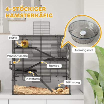 Dwerg Hamsterkooi – Hamsterkooi – knaagdierkooi – kleine huisdierenkooi – speelgoedkooi – Zwart – Gehard Glas Bodem – 4 Niveaus Met Looprad