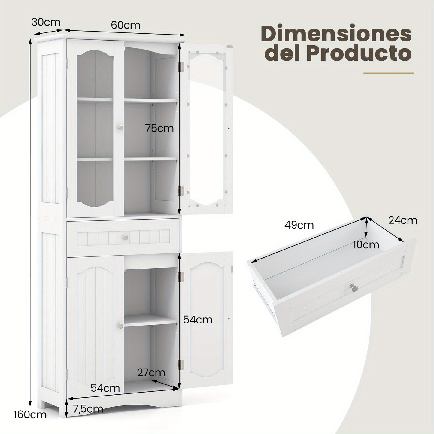 Badkamerkast – Badkamermeubel – Kolomkast – Opbergkast – Medicijnkast – Vrijstaand – MDF Met Geharde Glasdeuren – 160x60x30 cm