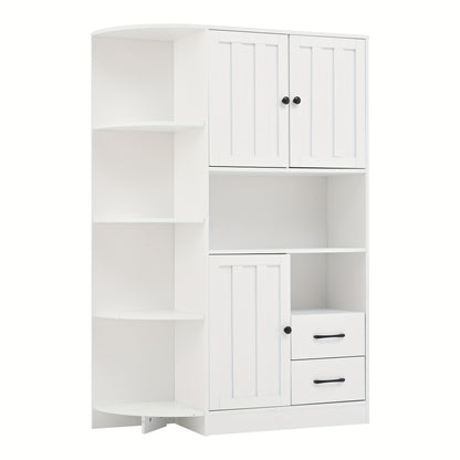 Modern White Corner Wardrobe & Display Cabinet with 14 Storage Areas - 3 Cabinets & 2 Drawers, Space-Saving High Cabinet with Bookshelf & Door Storage, Metal Construction, Easy Assembly for Living Room, Hallway, Small Spaces