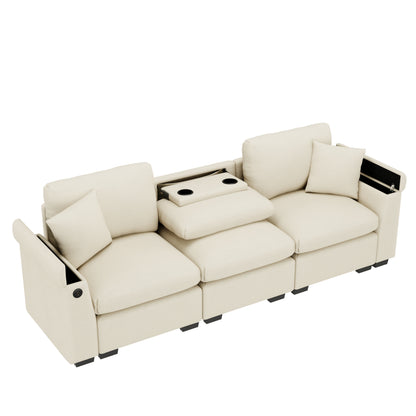 3-Zits Bank – Hoekbank – Slaapbank – Loveseat – Convertible Bank – Inklapbare Tafel – Bamboe Frame Met Opbergruimte – Licht Beige Katoen – Ruimtebesparend Multifunctioneel Design