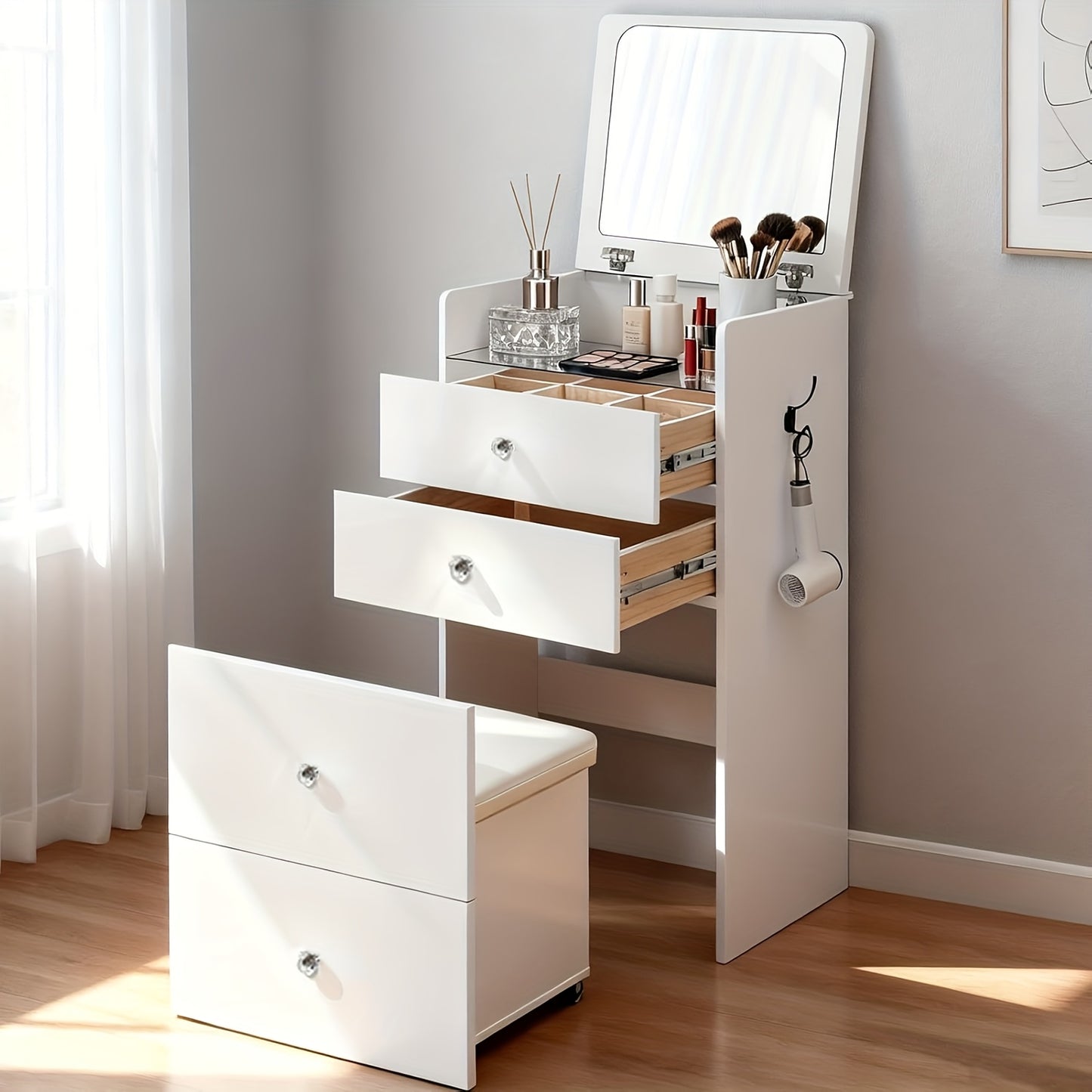 Witte Make-up Tafel – Kaptafel – Vanity Desk – Schminktisch – Dressing Table – Met Spiegel En Rollende Kruk – 2 Laden Met Glasplaat – Ruimtebesparend Zonder Montage