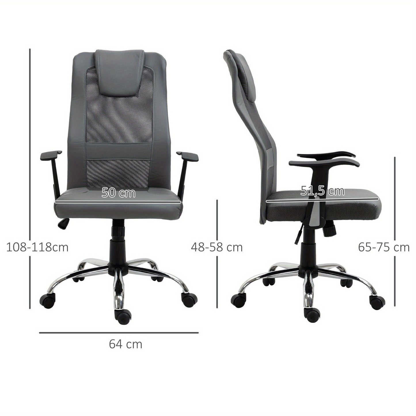 Ergonomische Bureaustoel – Bureaustoel Met Armleuningen – Draaistoel – Werkstoel – Bureaustoel Voor Thuis – Verstelbare Zithoogte – 360° Draaibaar – Grijs Kunstleer – Stevige Houten Constructie – Max. 120 kg
