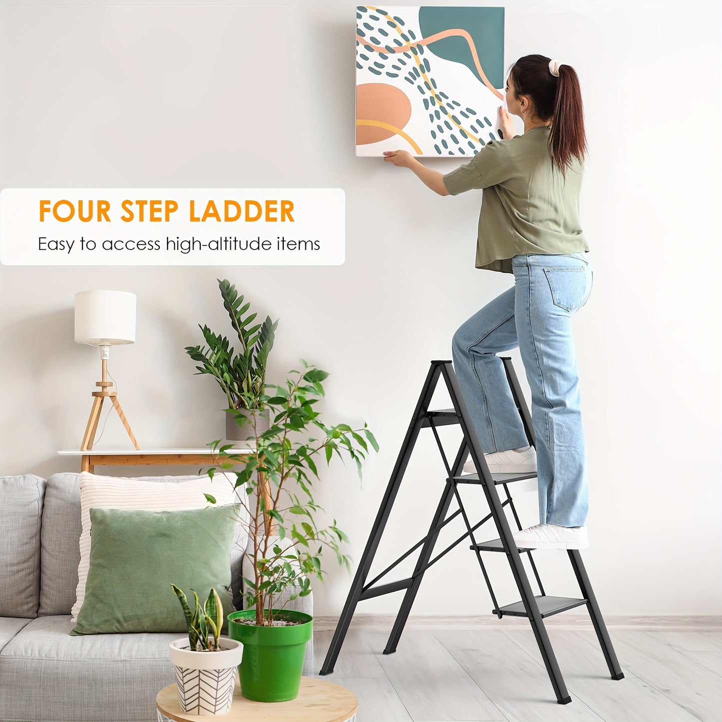 4-Traps Ladder – Inklapbare Ladder – Opstapje – Steiger – Trapstoel – Aluminium – Zwart – Antislip Treden – Max. Draagkracht 150 kg