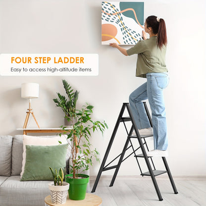 4-Traps Ladder – Inklapbare Ladder – Opstapje – Steiger – Trapstoel – Aluminium – Zwart – Antislip Treden – Max. Draagkracht 150 kg