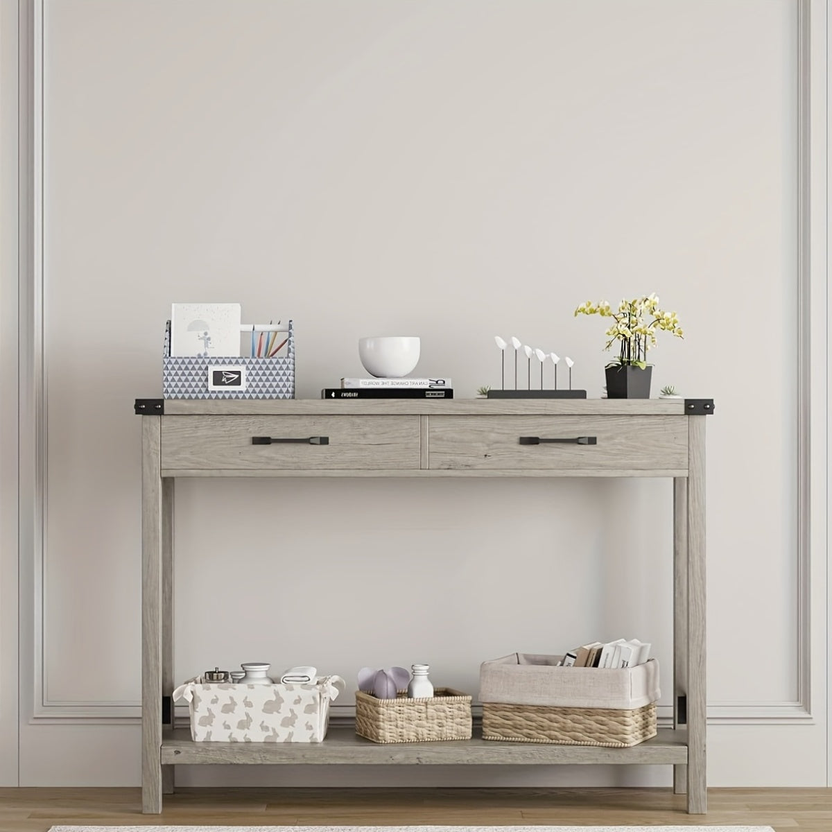 Farmhouse Console Table with 2 Drawers - Space-Saving Entryway Sofa Table, Sturdy MDF & Metal Construction, Modern Farmhouse Living Room, Hallway, Foyer Furniture - Easy Assembly, No Tools Needed, Compact Sofa Table for Small