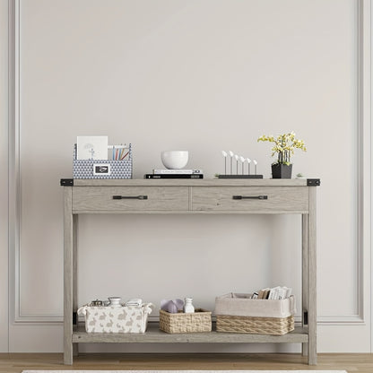 Farmhouse Sidetable – Haltafel – Console Tafel – Sofa Tafel – Sidetable met Lade – Grijs – MDF & Metaal – Compact Ontwerp 110x30 cm