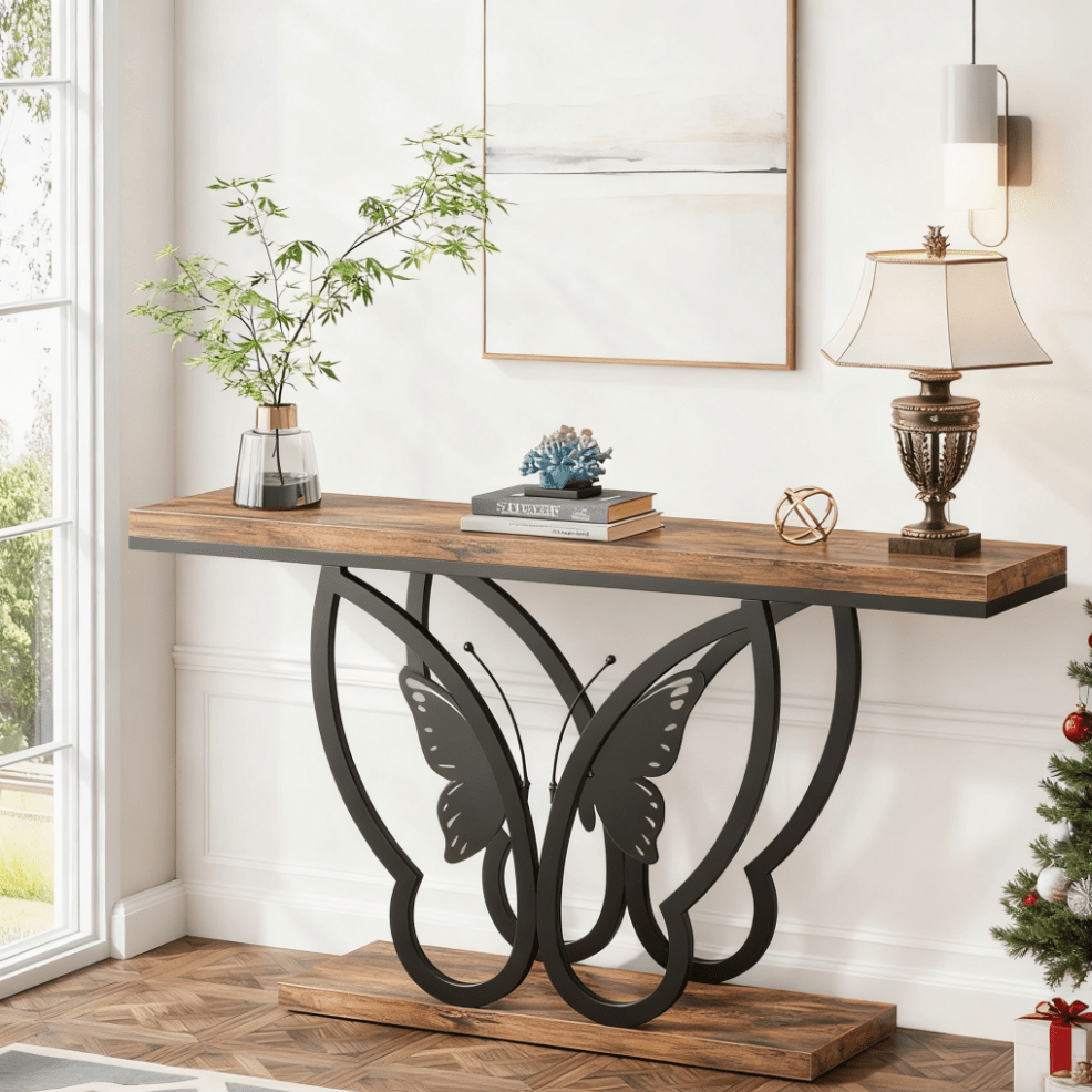Sofa Tafel – Sidetable – Console Tafel – Haltafel – Smalle Tafel – 55 Inch Modern Farmhouse Design – Bruin Houten Blad Met Zwart Metalen Frame