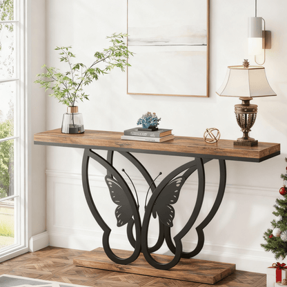 Sofa Tafel – Sidetable – Console Tafel – Haltafel – Smalle Tafel – 55 Inch Modern Farmhouse Design – Bruin Houten Blad Met Zwart Metalen Frame