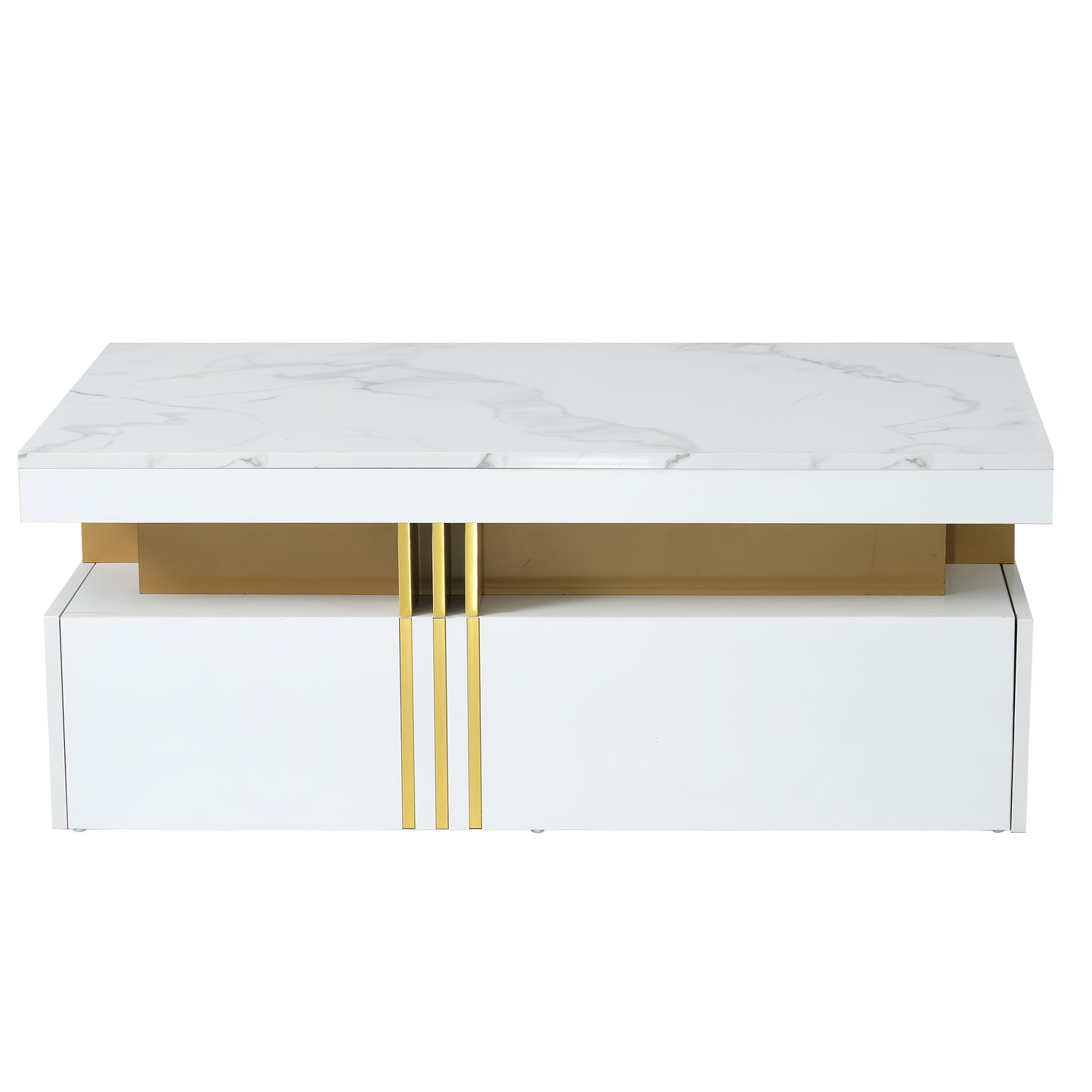 Modern Coffee Table with 2 Storage Drawers - High-Gloss White Artificial Marble Top & Golden Metal Handles, 100x50x40cm, Hardwood Frame, Easy Assembly for Living Room, Coffee Table for Living Room, Decorative Centerpiece, Min
