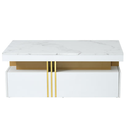 Modern Coffee Table with 2 Storage Drawers - High-Gloss White Artificial Marble Top & Golden Metal Handles, 100x50x40cm, Hardwood Frame, Easy Assembly for Living Room, Coffee Table for Living Room, Decorative Centerpiece, Min