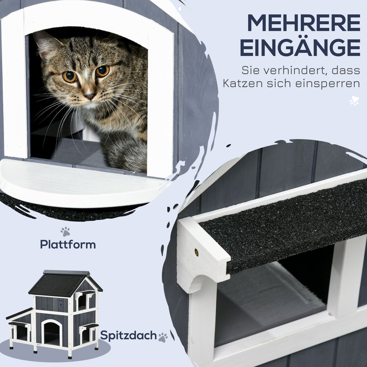 Buitenhuis Kat – Katzenhuis – Kattenhok – Kattenverblijf – Kattenhuisje – Grijs – Waterbestendig Grenenhout – Asphalt Dak met Verhoogde Vloer
