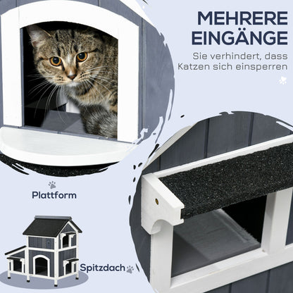 Buitenhuis Kat – Katzenhuis – Kattenhok – Kattenverblijf – Kattenhuisje – Grijs – Waterbestendig Grenenhout – Asphalt Dak met Verhoogde Vloer