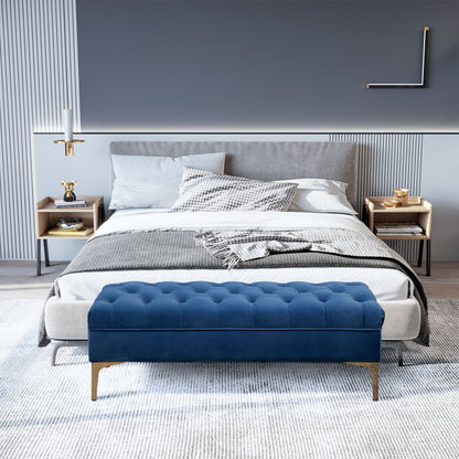 Opgevulde Opbergbank – Slaapkamerbank – Poef – Bedbank – Zitbank – Blauw Fluwelen Bekleding – Gouden Metalen Poten – Compact 118x45x42 cm – Hoog Comfort