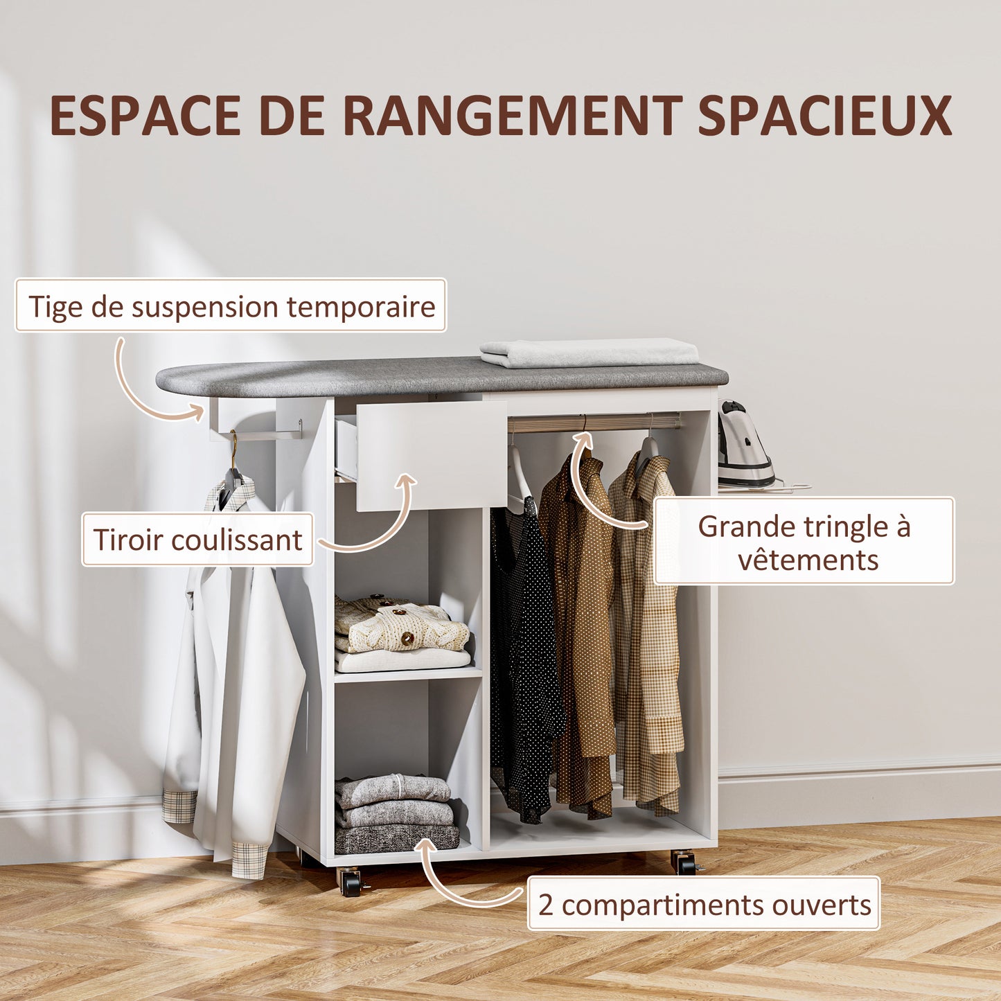 Strijkkast – Strijkplank – Strijkstation – Kledingkast – Opbergmeubel – Met Wielen – 125 x 43,5 x 112 cm – Houten Frame – Inclusief Kledinghanger