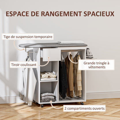 Strijkkast – Strijkplank – Strijkstation – Kledingkast – Opbergmeubel – Met Wielen – 125 x 43,5 x 112 cm – Houten Frame – Inclusief Kledinghanger