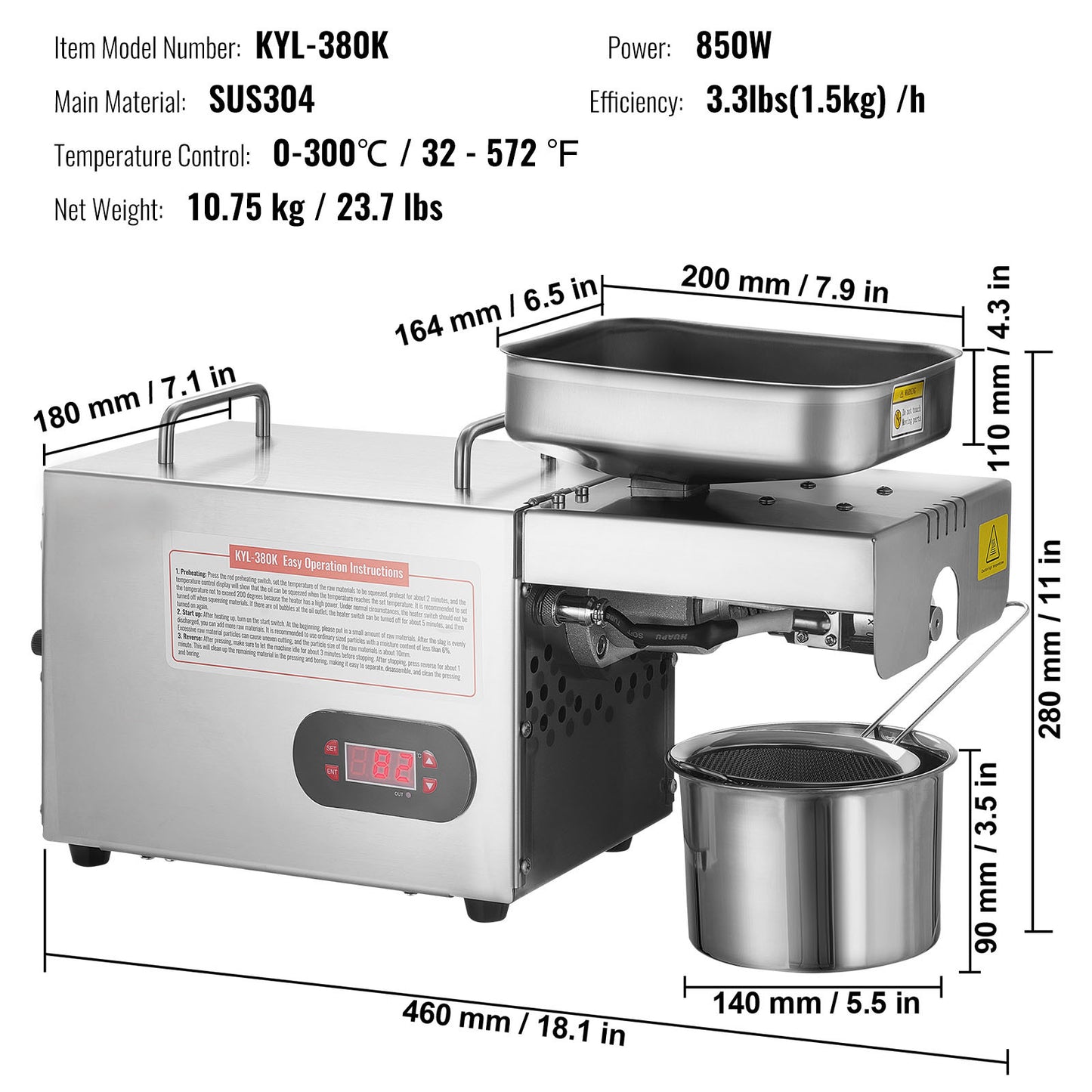 Oliepers – Notenpers – Zadenpers – Notenmolen – Olie-extractor – 850W Krachtige Motor – Instelbare Temperatuur Tot 300°C