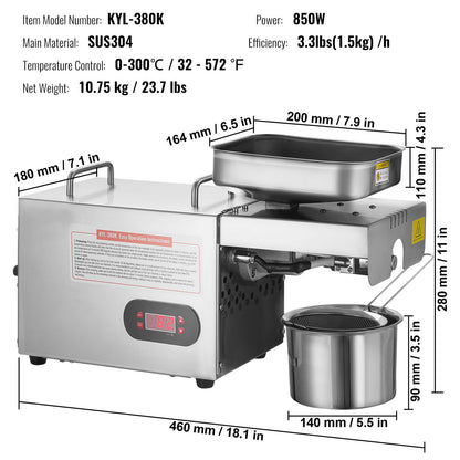 Oliepers – Notenpers – Zadenpers – Notenmolen – Olie-extractor – 850W Krachtige Motor – Instelbare Temperatuur Tot 300°C