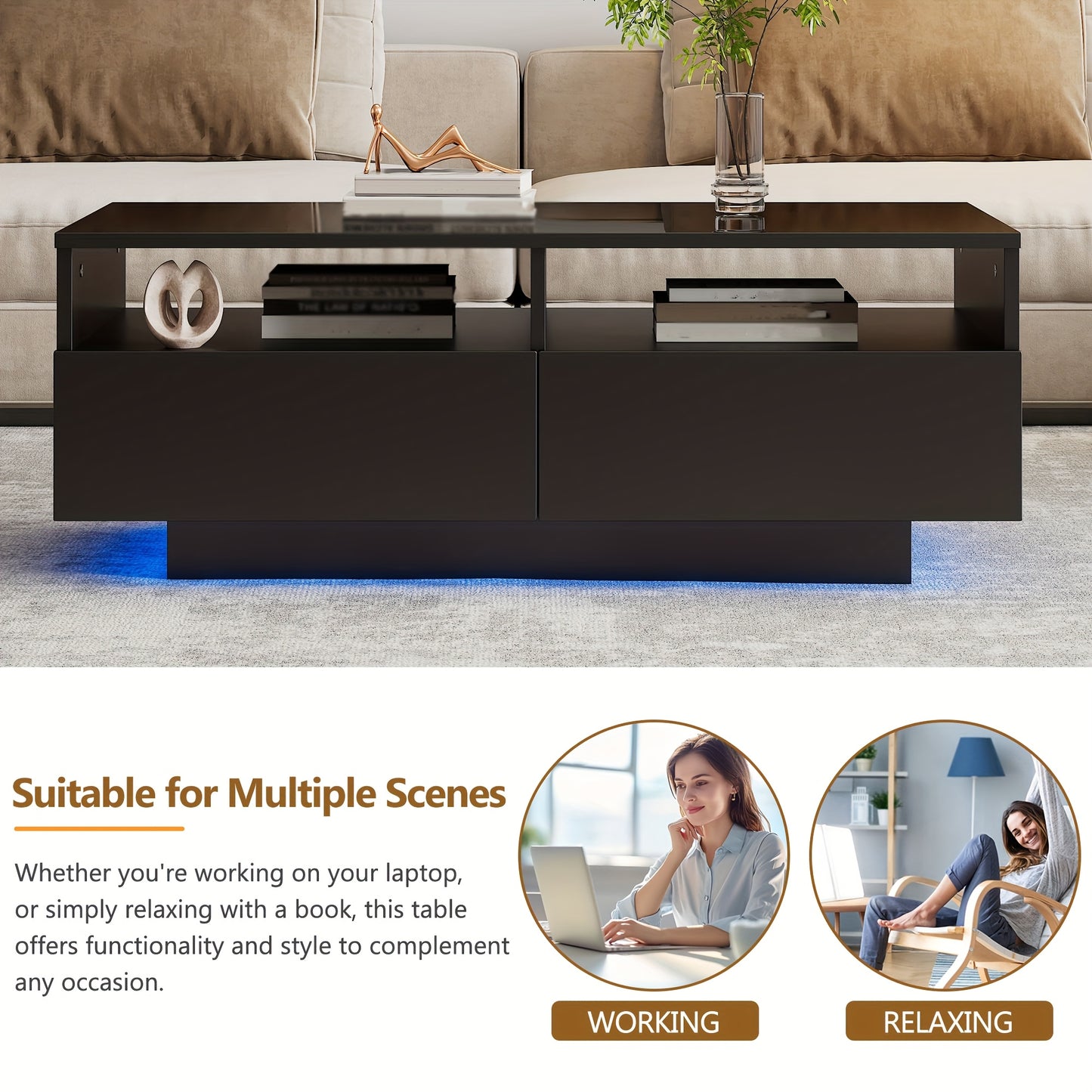 Hoogglans Salontafel – Koffietafel – Sofa Tafel – Woonkamer Tafel – Moderne Salontafel – Zwart – 2 Laden – Duurzaam Hout